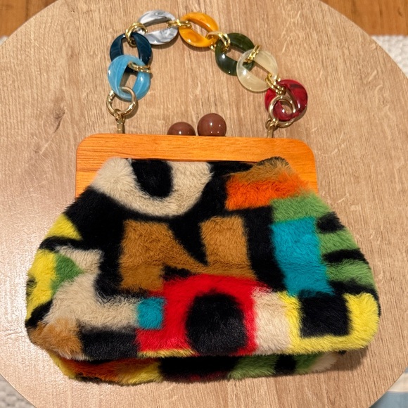 Handbags - Vibrant Letter Print Fuzzy Bag with Wooden Frame & Resin Chain